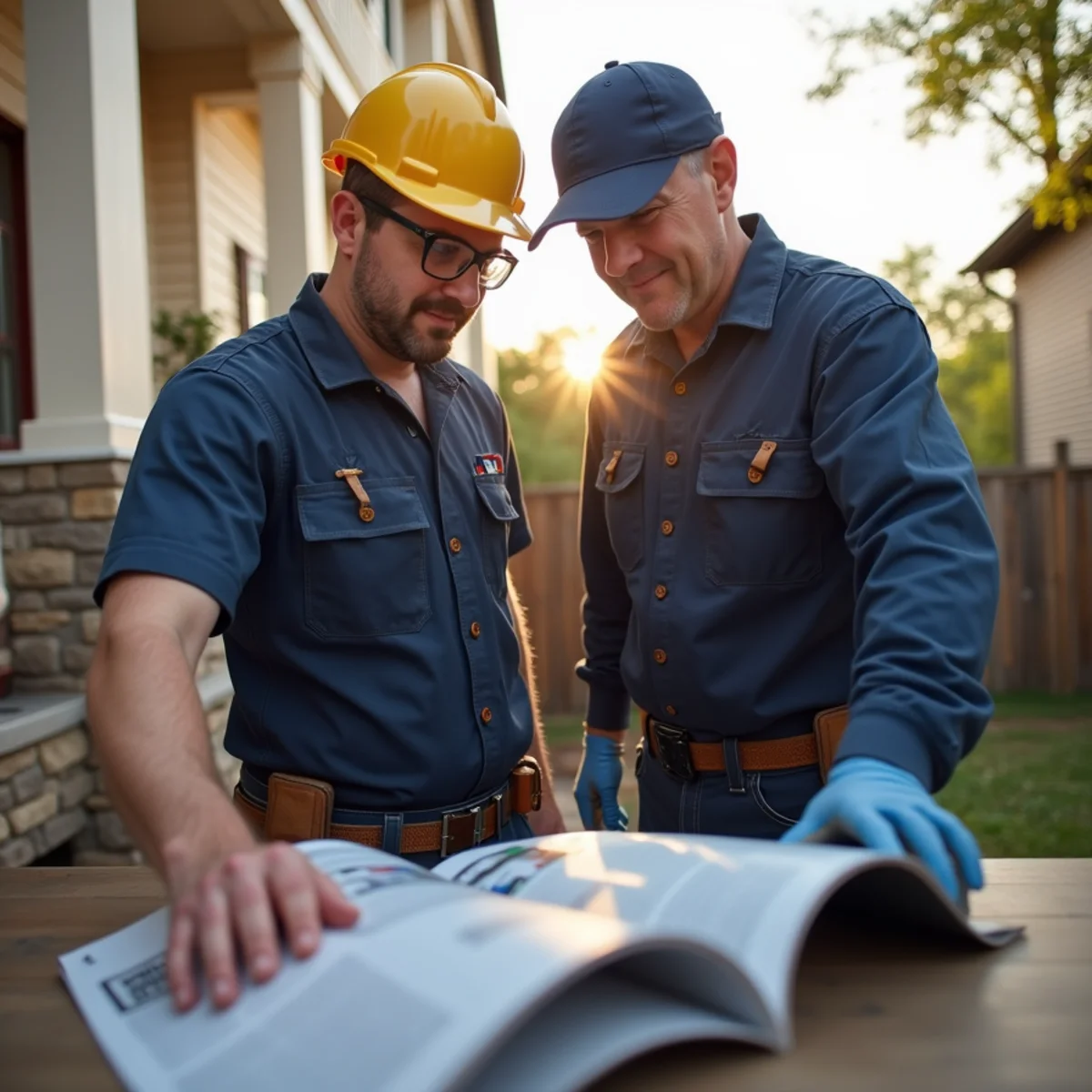 Technician explaining completed Commercial Plumbing maintenance to homeowner