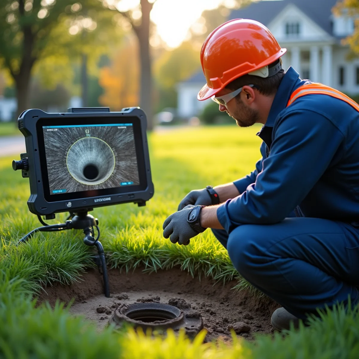 Color video camera sewer inspection showing clay tile lateral condition