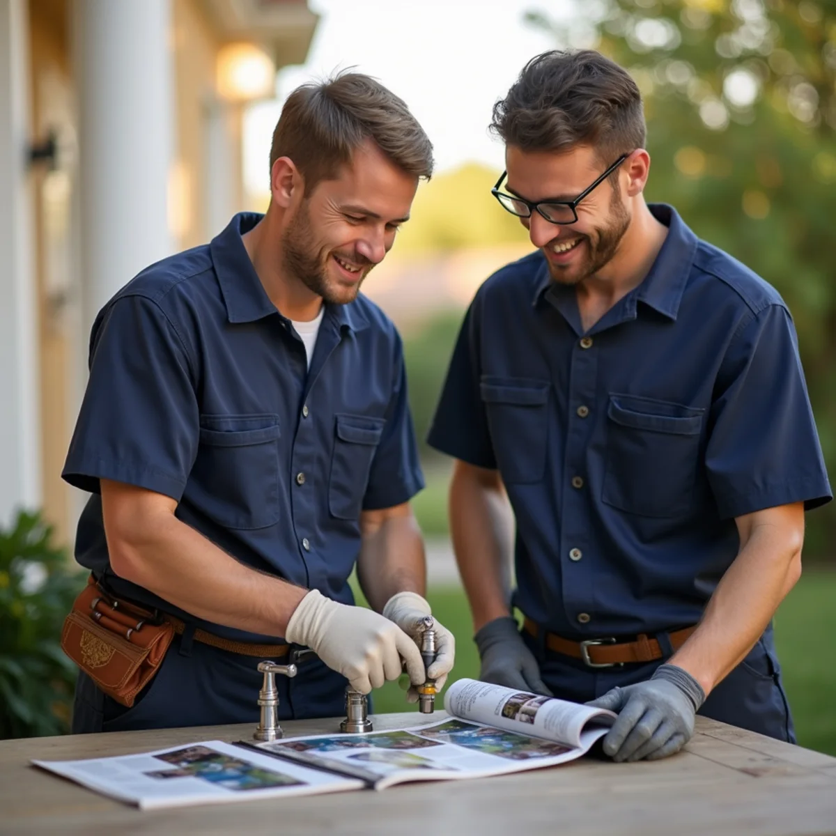 Technician explaining completed Faucet & Fixture Repair maintenance to homeowner