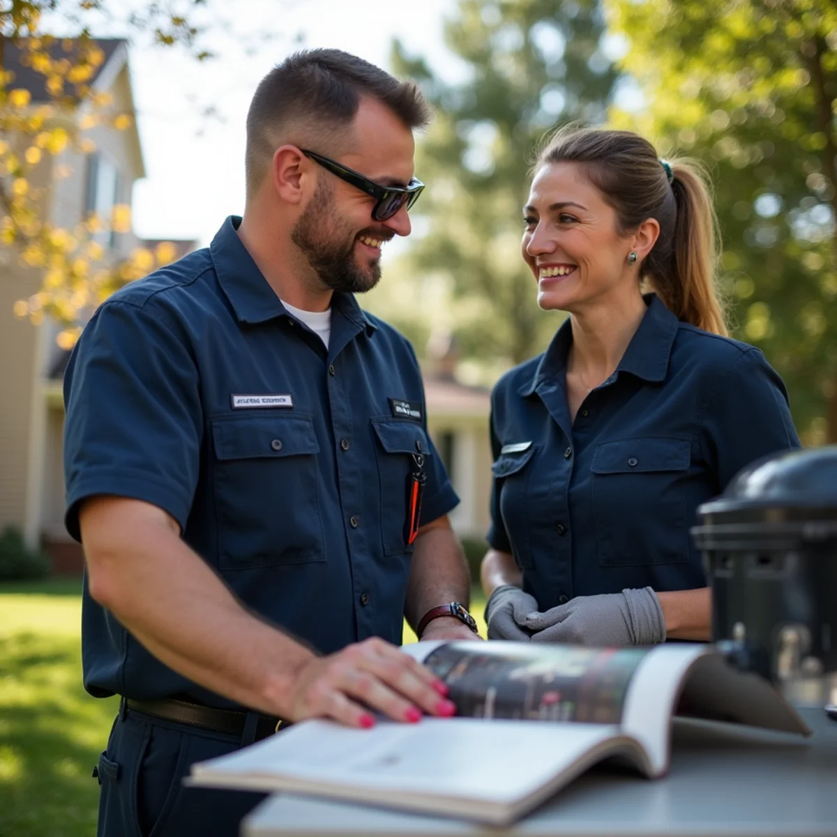 Technician explaining completed Garbage Disposal Repair maintenance to homeowner