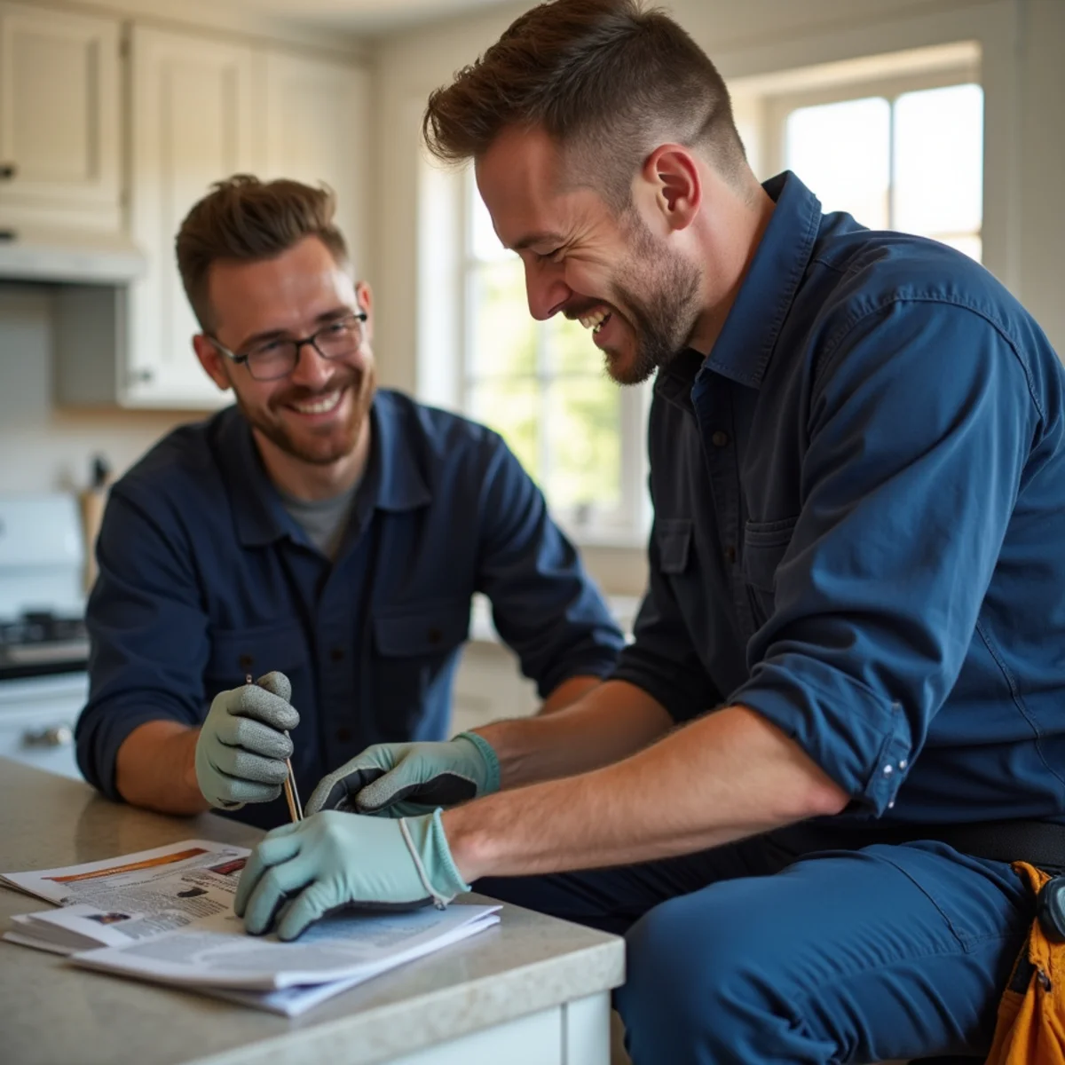 Technician explaining completed Kitchen Plumbing maintenance to homeowner