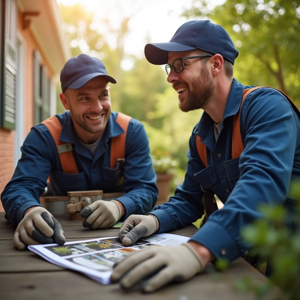 Technician explaining completed Sewer Line Repair maintenance to homeowner