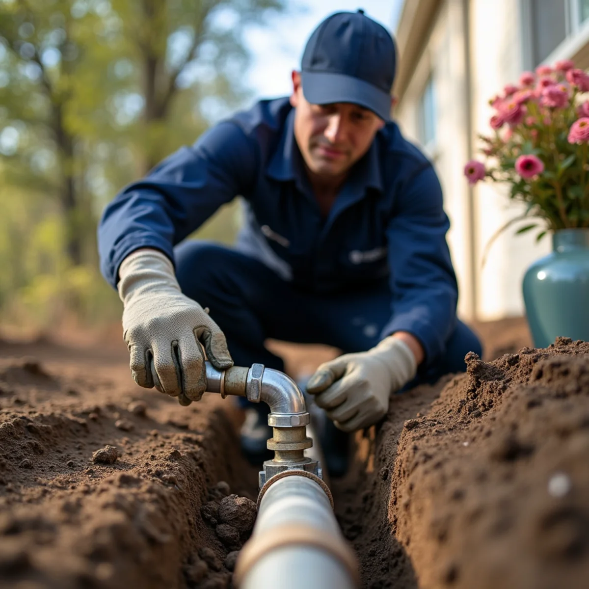 Completed Sewer Line Replacement showing clean professional pipe fittings