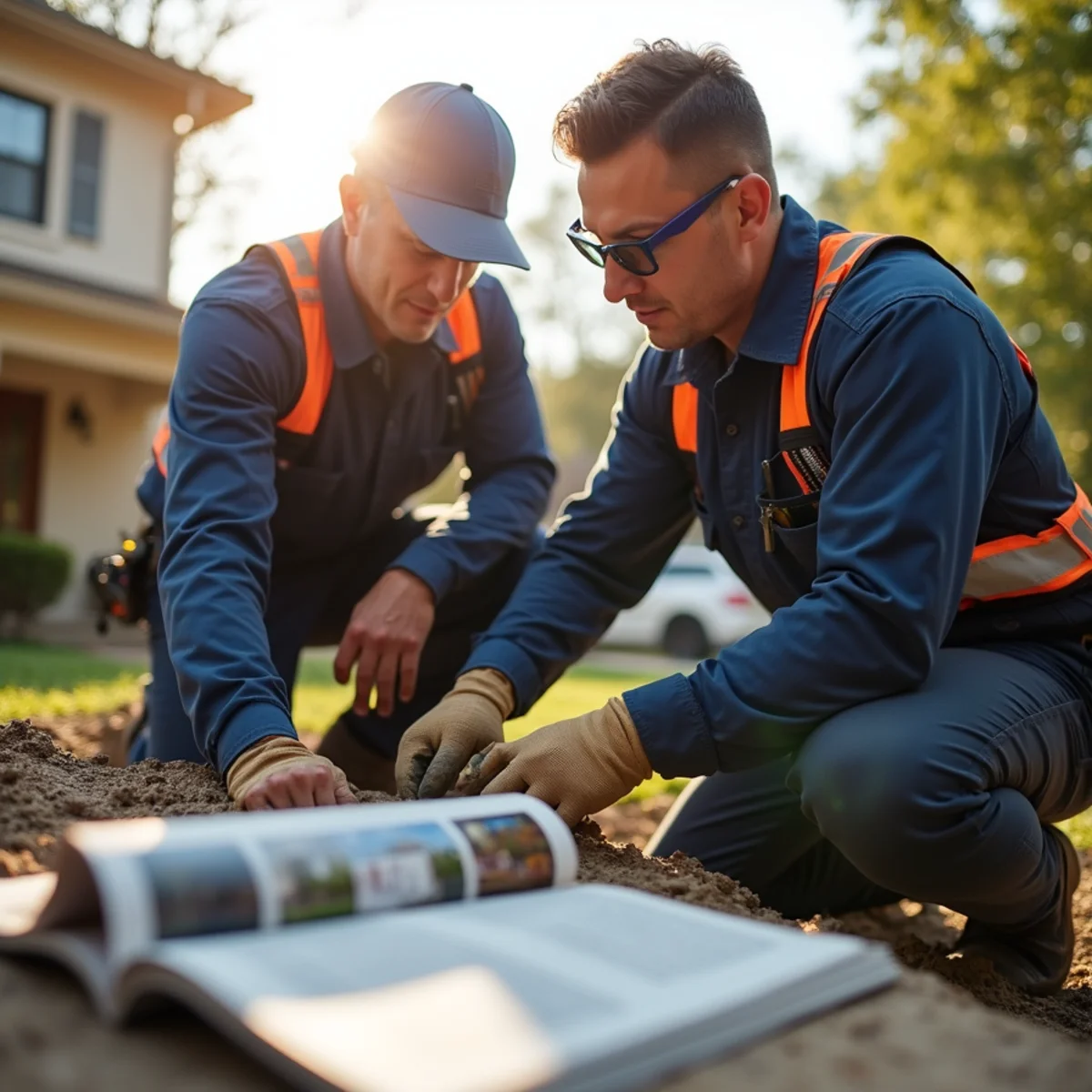 Technician explaining completed Sewer Line Replacement maintenance to homeowner