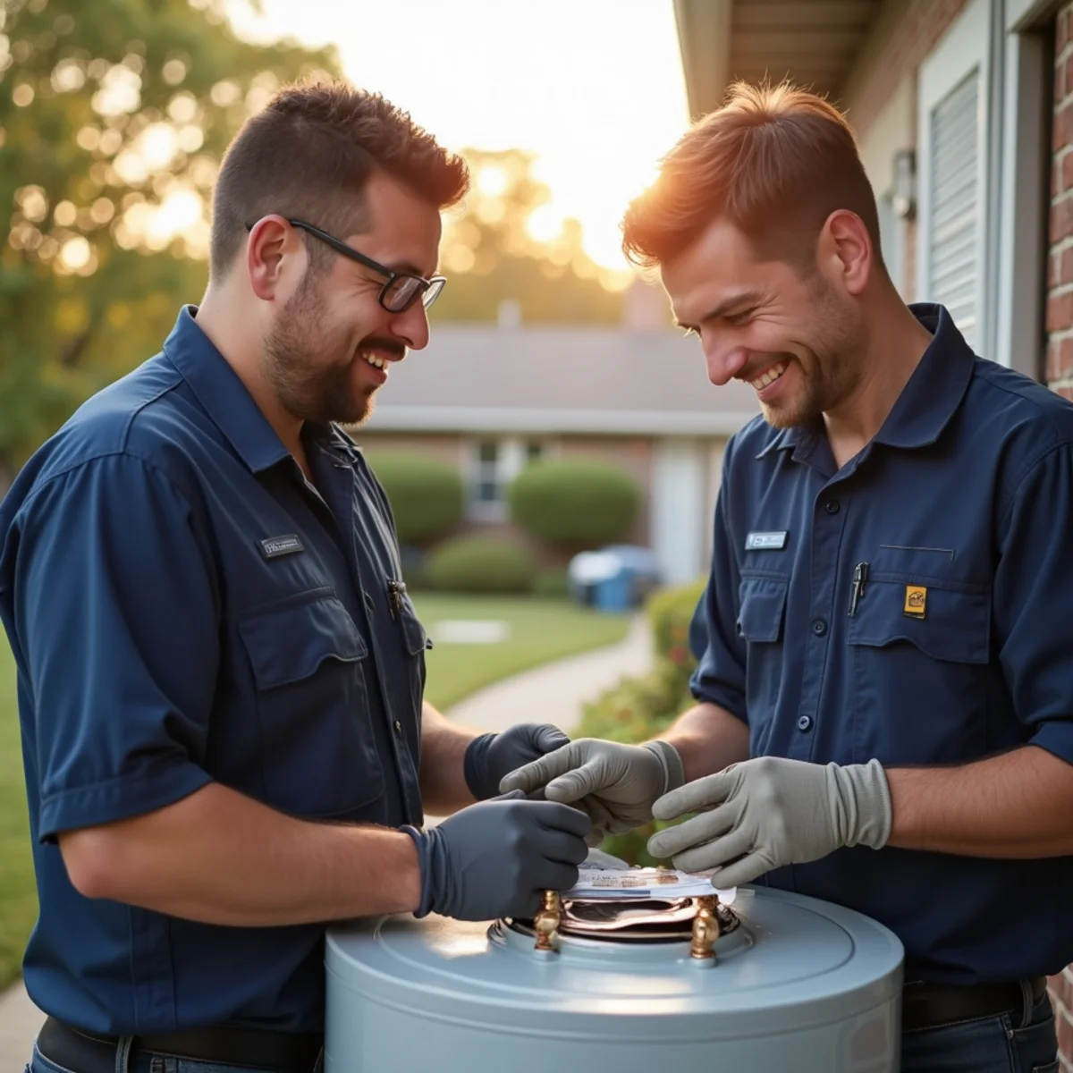 Technician explaining completed Water Heater Repair maintenance to homeowner